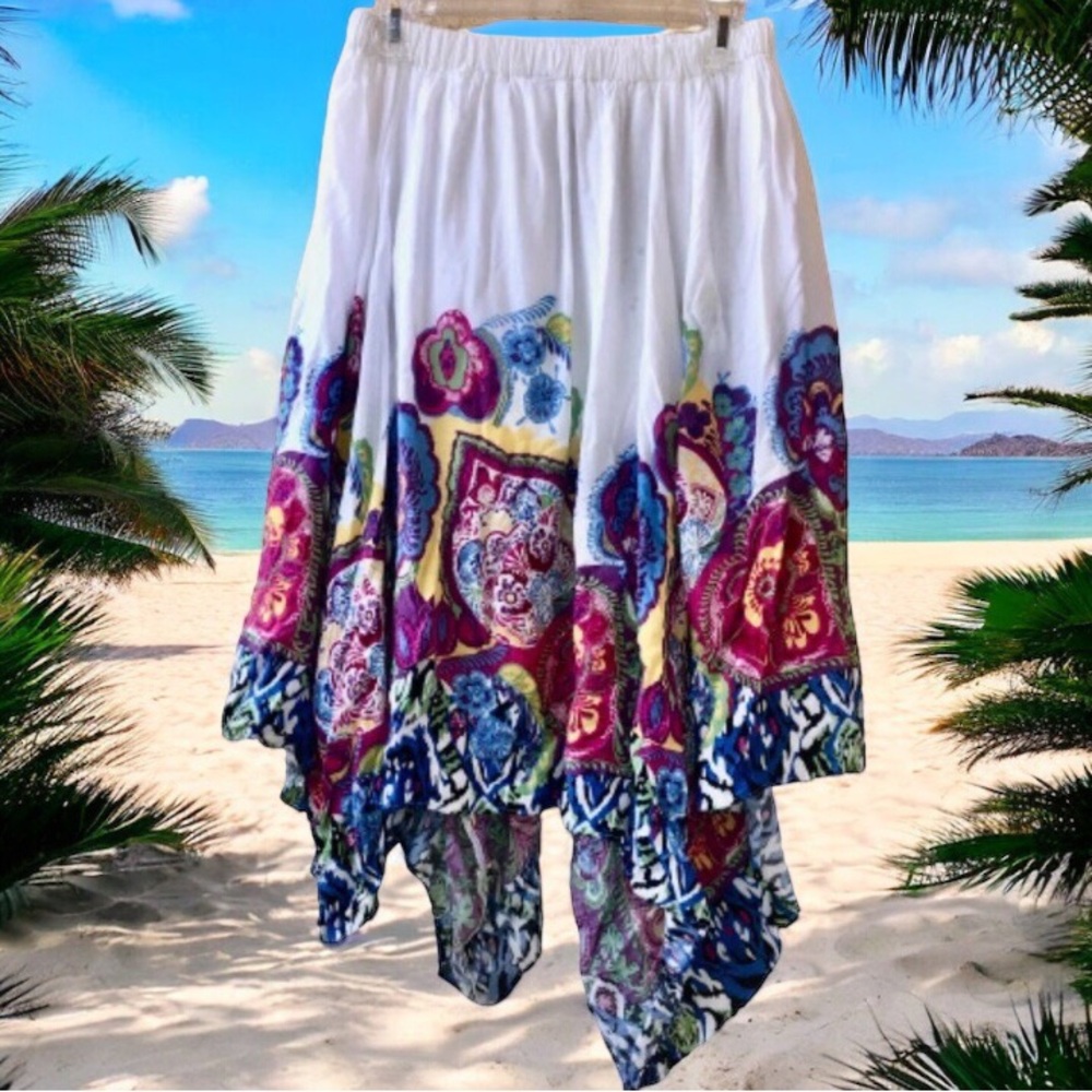 Floral Skirt LINED Elastic Waist Asymmetrical Hem Midi Length